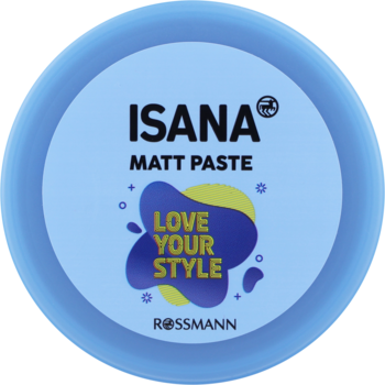 Isana Matt Paste, krem matujący do włosów 100ml w okrągłym, jasnoniebieskim słoiku z napisem Love Your Style.