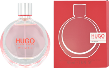 Hugo Boss Woman, kwiatowo-owocowa woda perfumowana dla kobiet. Szklana butelka z różowym płynem, czerwone pudełko.