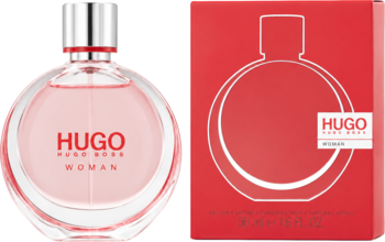Perfumy Hugo Boss Woman, kwiatowo-owocowe, różowa butelka z srebrną zakrętką i czerwone pudełko, widok z przodu.