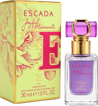 Escada Joyful Moments woda perfumowana 30ml. Żółte pudełko z różowym 'E' i fioletowy flakon ze złotym wykończeniem.