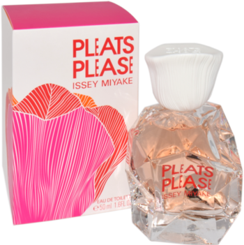 Issey Miyake Pleats Please EDT: białe pudełko z różowymi pliskami obok butelki o pogniecionym szkle i białej nakrętce.