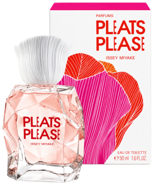 Issey Miyake Pleats Please woda toaletowa dla kobiet, butelka z różowym płynem, obok pudełka z plecionym wzorem.