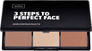 Wibo 3 Steps to Perfect Face Dark Contour Palette, czarna, otwarta, z trzema pudrami: rozświetlacz, bronzer, róż.