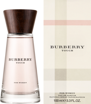 Burberry Touch woda perfumowana dla kobiet, 100ml: różowa butelka i beżowe pudełko w kratę, widok z przodu.