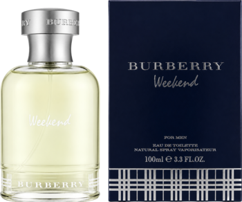 Burberry Weekend for Men cytrusowa woda toaletowa, butelka i granatowe pudełko stoją obok siebie.