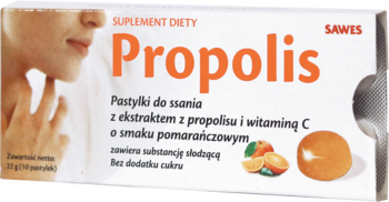 SAWES Propolis pastylki do ssania o smaku pomarańczowym z ekstraktem propolisu i witaminą C, widok z przodu.
