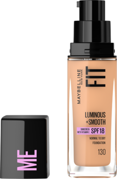 Maybelline Fit Me Luminous + Smooth rozświetlający podkład SPF18, beżowy, w butelce z pompką, z odkręconą nakrętką.