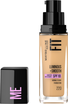Maybelline Fit Me Luminous + Smooth, rozświetlający podkład SPF18, butelka z pompką i odkręconą nakrętką z "ME".