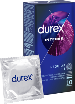 Niebieskie opakowanie Durex Intense prezerwatywy 10 sztuk, z pojedynczą w białej folii.