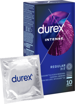 Niebieskie opakowanie Durex Intense prezerwatywy 10 sztuk, z pojedynczą w białej folii.