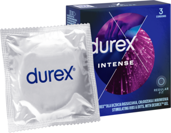 Durex Intense: Srebrna prezerwatywa w folii Durex i fioletowe pudełko 3 szt. Zapewniające intensywne doznania.