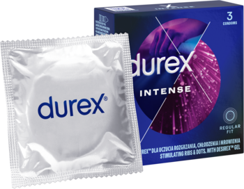 Durex Intense: Srebrna prezerwatywa w folii Durex i fioletowe pudełko 3 szt. Zapewniające intensywne doznania.