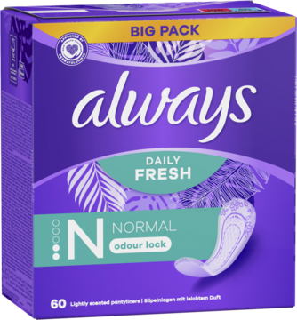 Fioletowe opakowanie Always Daily Fresh Normal, 60 wkładek higienicznych, z napisem 'odour lock', widok z przodu.