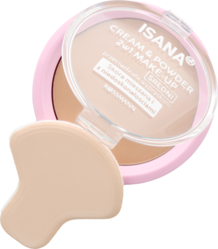 ISANA Cream & Powder 2w1 matujący make-up średni, otwarty kompakt z beżową gąbką, widok pod kątem.