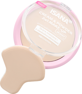 ISANA Cream & Powder 2w1 matujący podkład JASNY w otwartej, różowej puderniczce z beżową gąbeczką.
