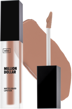 Wibo Million Dollar matowa pomadka #5 z precyzyjnym aplikatorem i beżowym swatch'em na szarym tle.