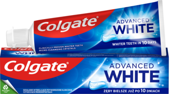 Colgate Advanced White, pasta do zębów w białej tubie i pudełku, niebieskie akcenty, widok z przodu, tuba ułożona diagonalnie.