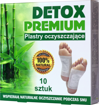 Opakowanie Detox Premium, oczyszczające plastry na stopy. Zielono-białe pudełko z bambusem i zdjęciem stóp z plastrami.