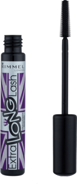 Rimmel Extra Long Lash Mascara w czarnej tubce z fioletowym wzorem, otwarta, obok szczoteczka.