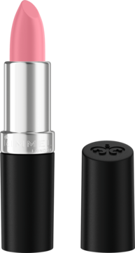 Otwarta szminka Rimmel Lasting Finish 006 Pink Blush, jasnoróżowy sztyft, srebrna opaska, czarna zakrętka z logo, na różowym tle.