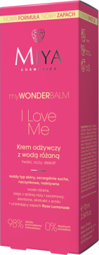 Różowe pudełko Miya myWONDERBALM I Love Me, krem z wodą różaną, 98% naturalnych składników, widok z przodu.