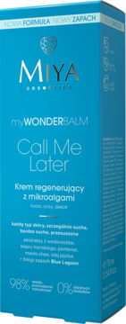 Niebieskie pudełko kremu regenerującego Miya myWONDERBALM Call Me Later z mikroalgami, widok pod kątem.