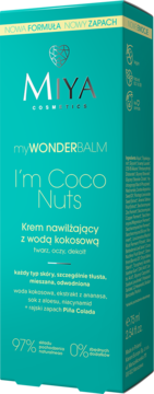 Turkusowe opakowanie Miya myWONDERBALM I'm Coco Nuts, krem nawilżający z kokosem i Piña Colada, widok z przodu.