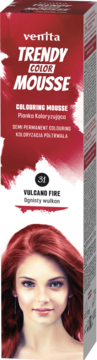 Czerwona półtrwała pianka koloryzująca Venita Trendy Color Mousse "Vulcano Fire" z rudowłosą modelką na opakowaniu.