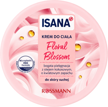 Isana Krem do Ciała Floral Blossom z olejkiem kokosowym do skóry suchej, różowy, okrągły słoik, widok z góry.