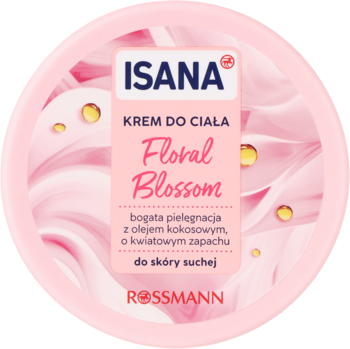 Różowy słoik ISANA Floral Blossom Krem do Ciała, widok z góry, z logo Rossmann, o zapachu kwiatowym i kokosowym.