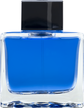Woda toaletowa Blue Seduction w prostokątnym, przezroczystym flakonie z niebieskim płynem i czarną nakrętką.