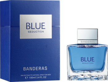 Męska woda toaletowa Blue Seduction Banderas w niebieskim pudełku i szklanym flakonie z błękitnym płynem.
