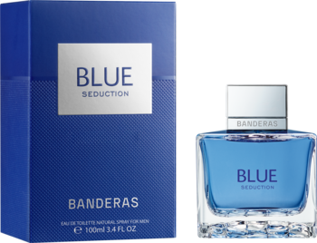 Męska woda toaletowa Blue Seduction Banderas w niebieskim pudełku i szklanym flakonie z błękitnym płynem.