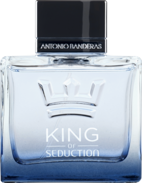 Antonio Banderas King of Seduction EDT, kwadratowa butelka z koroną i niebieskim gradientem, widok z przodu.