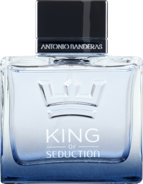 Antonio Banderas King of Seduction EDT, kwadratowa butelka z koroną i niebieskim gradientem, widok z przodu.