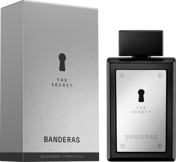 Męska woda toaletowa Banderas The Secret, czarno-srebrny flakon z dziurką od klucza i szare pudełko.