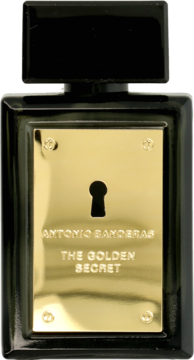 Czarna butelka perfum Banderas The Golden Secret z złotą, metalową płytką i wyciętym otworem na klucz, widok z przodu.