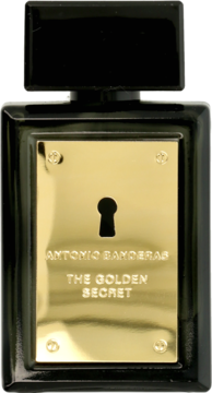 Czarna butelka perfum Banderas The Golden Secret z złotą, metalową płytką i wyciętym otworem na klucz, widok z przodu.