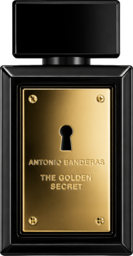 Męska woda toaletowa Antonio Banderas The Golden Secret: czarna butelka ze złotą etykietą z dziurką od klucza.