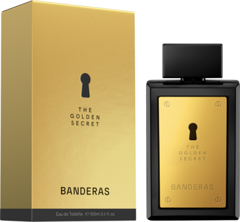 Męska woda Banderas The Golden Secret: czarna butelka ze złotą etykietą i pudełko z logo kłódki, widok frontalny.