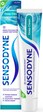 Pasta Sensodyne Deep Clean do wrażliwych zębów, biała tubka z niebieskimi falami, widok z przodu, obok jej kartonik.