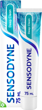 Sensodyne Deep Clean pasta do zębów dla wrażliwych zębów, biała tubka z niebieskimi falami, widok z przodu, 75 ml.
