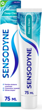 Pasta Sensodyne Deep Clean z fluorkiem, do wrażliwych zębów, biała tubka i pudełko z niebieskimi falami, 75 ml.