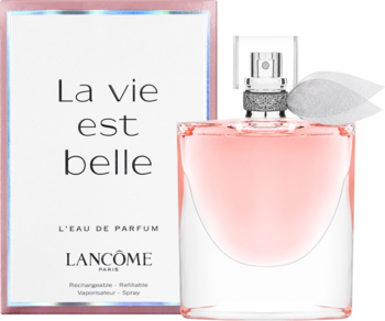 Lancôme La Vie Est Belle L'Eau de Parfum: różowy flakon i białe pudełko, widok z przodu.