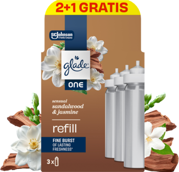 Glade ONE zapas mini spray, drzewo sandałowe i jaśmin. Brązowe opakowanie z ofertą 2+1, 3 wkłady.