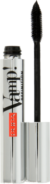 Pupa Vamp! Definition tusz do rzęs, otwarta biało-srebrna tubka obok czarnej szczoteczki na ciemnym tle.