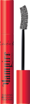 Czerwony tusz Vampire Lashes, opakowanie otwarte z widoczną szczoteczką, tekst BUILDING EXTENDING MASCARA.