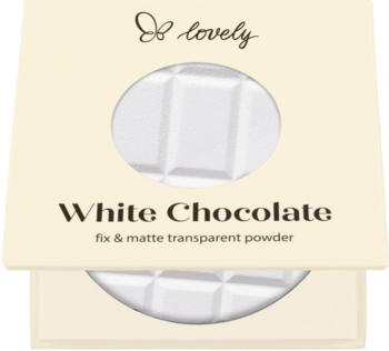 Puder ryżowy Lovely Fix & Matte White Chocolate. Beżowe opakowanie otwarte, widoczny biały puder z wzorem.