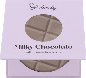 lovely Milky Chocolate: matowy bronzer do twarzy i ciała w otwartym białym pudełku z wzorem czekolady.