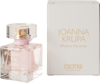Damska woda perfumowana Esotiq Joanna Krupa #follow the body: różowy flakon i białe pudełko, widok z przodu.